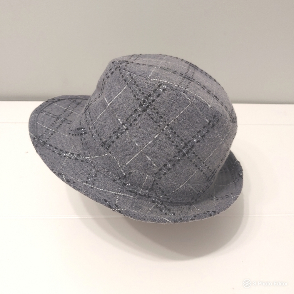D&Y men gray plaid silver black fedora derby style wool blend hat Y2K preppy